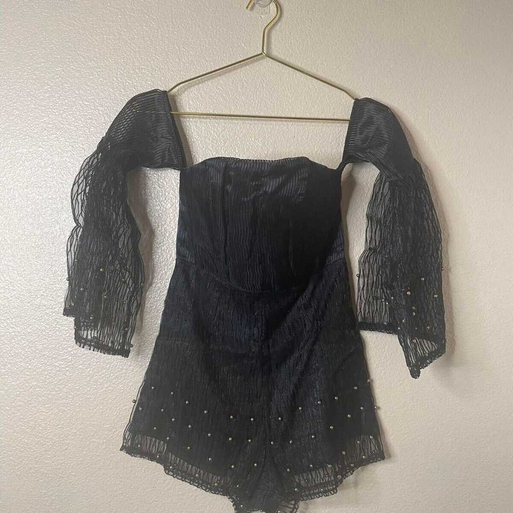 Black Mesh Gold Pearl Detail Romper with Bell Sle… - image 2