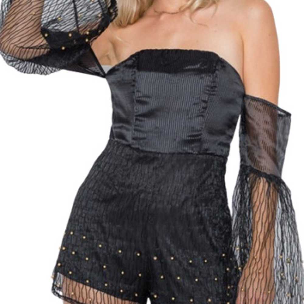 Black Mesh Gold Pearl Detail Romper with Bell Sle… - image 3