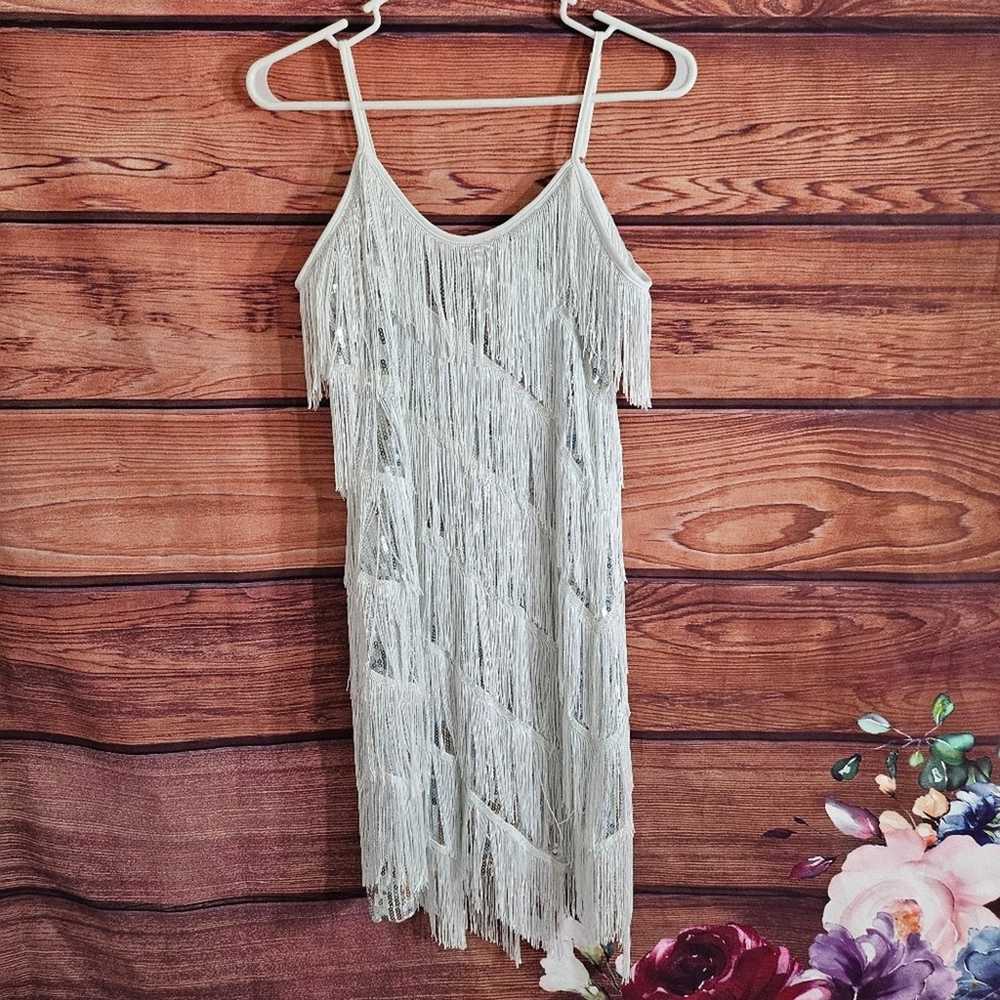 White and Silver Sequin Fringe Dress - image 7