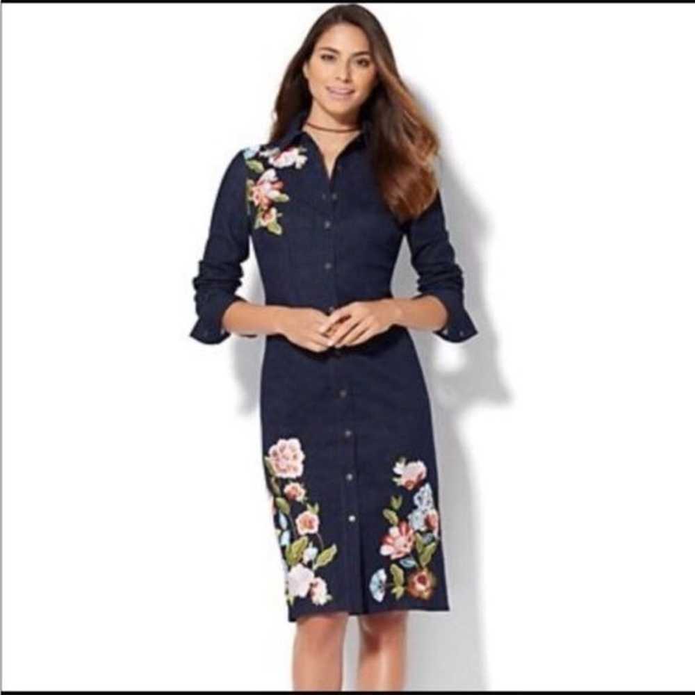 Denim Embroidered Button Front Midi Shirt Dress S… - image 1