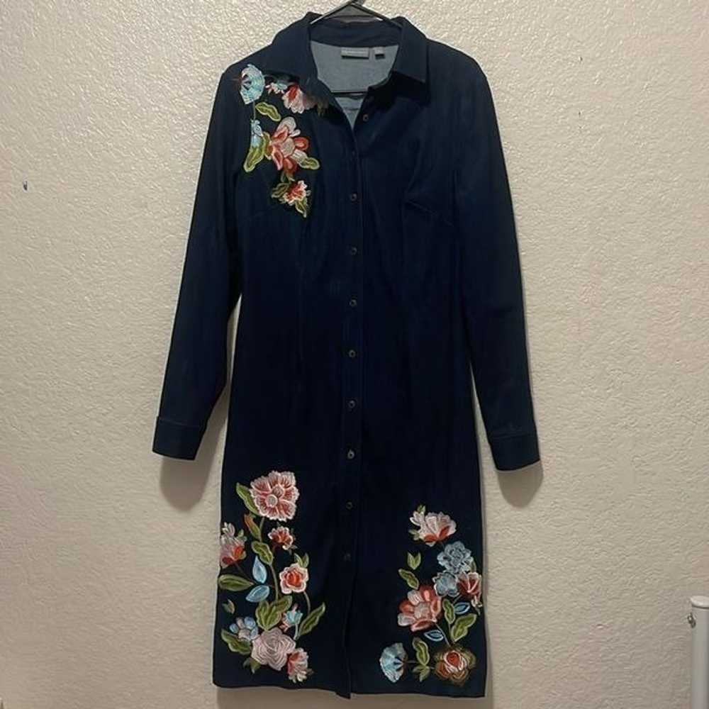 Denim Embroidered Button Front Midi Shirt Dress S… - image 2