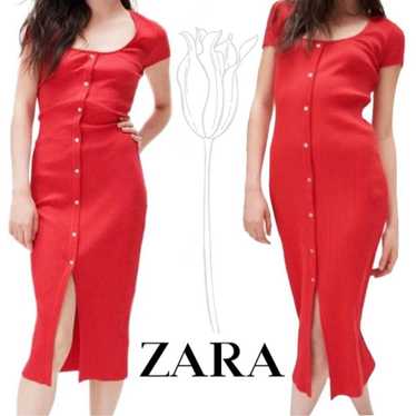 ZARA Ribbed Bodycon Red Button Up Midi Dress Small