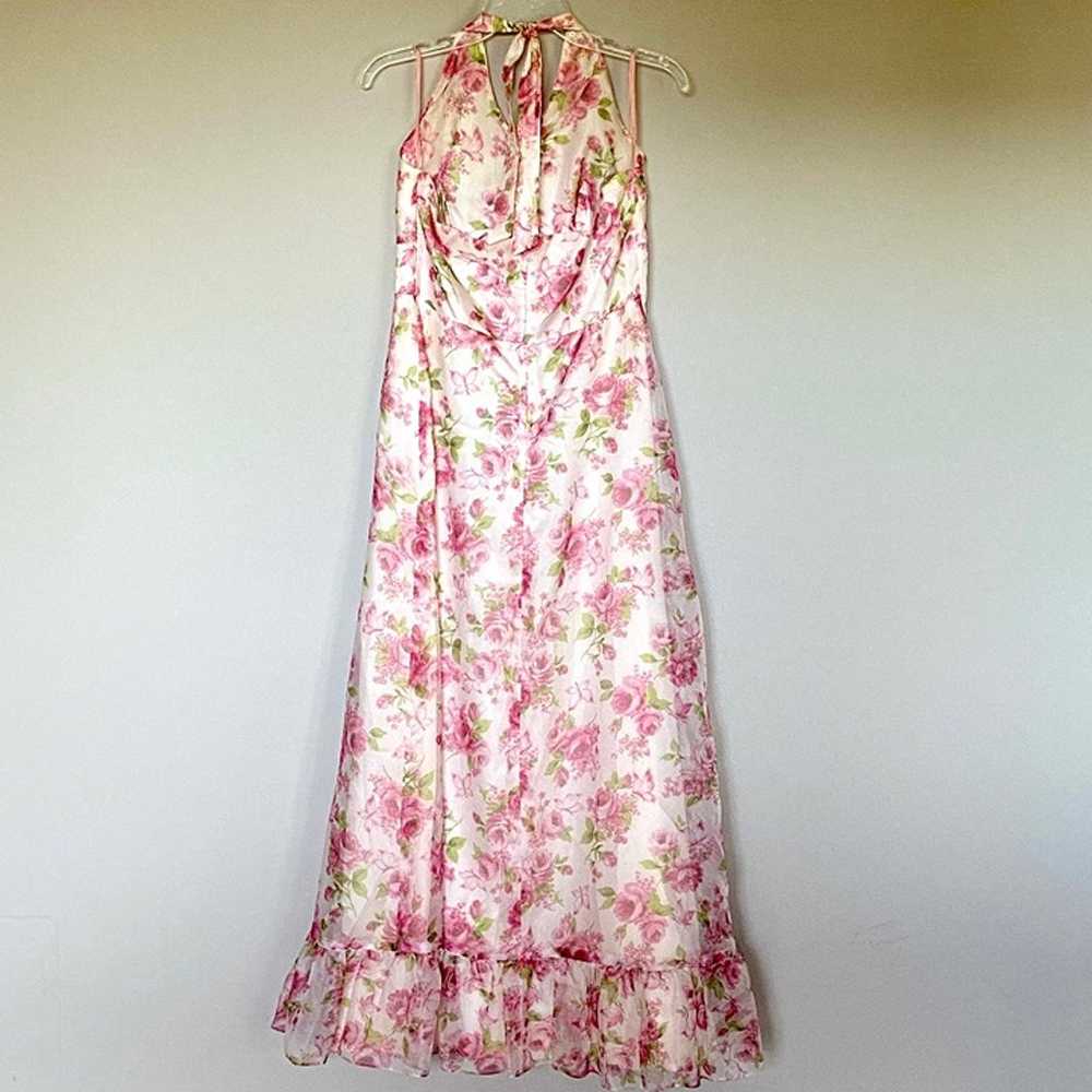Vintage 80s Pink Floral Halter Maxi Dress Cape Sz… - image 11