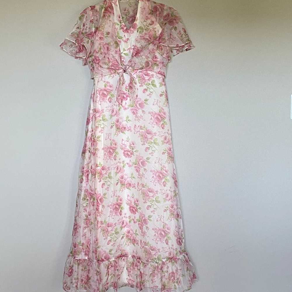 Vintage 80s Pink Floral Halter Maxi Dress Cape Sz… - image 12