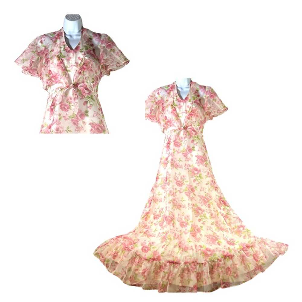 Vintage 80s Pink Floral Halter Maxi Dress Cape Sz… - image 1