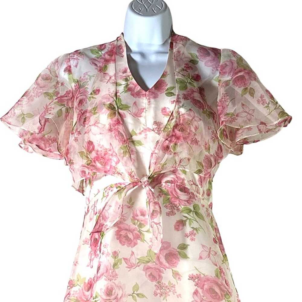 Vintage 80s Pink Floral Halter Maxi Dress Cape Sz… - image 2