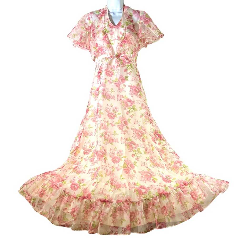 Vintage 80s Pink Floral Halter Maxi Dress Cape Sz… - image 3