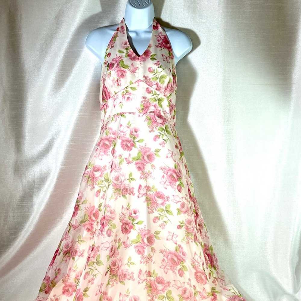 Vintage 80s Pink Floral Halter Maxi Dress Cape Sz… - image 5