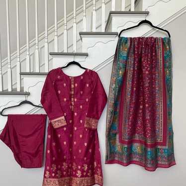 Party Wear Indian Pakistani Magenta 3pc Suit with… - image 1