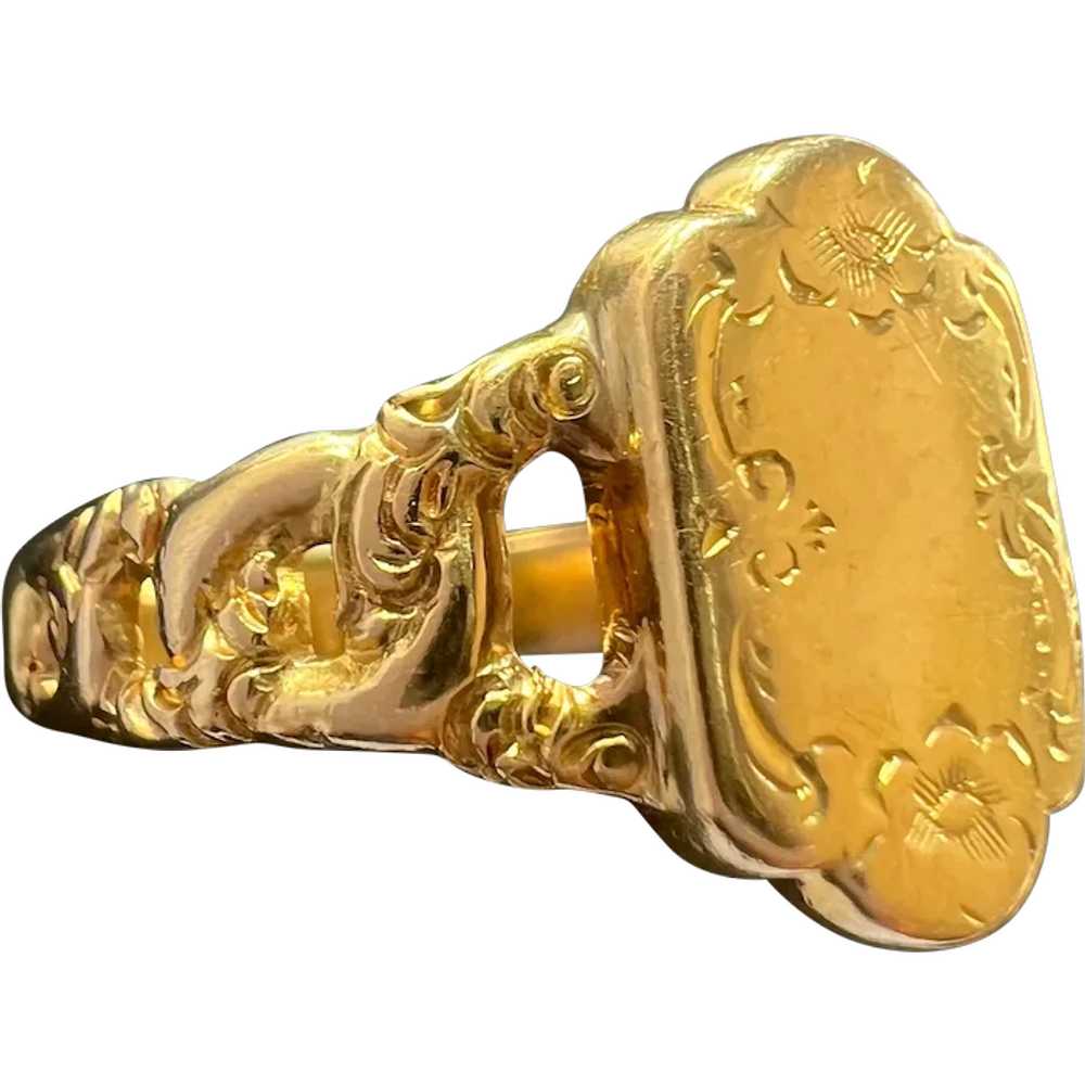 Victorian 18K gold scroll floral signet ring, gol… - image 1