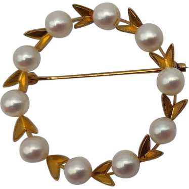 Cultured pearl circle round with leaves 14k solid… - image 1