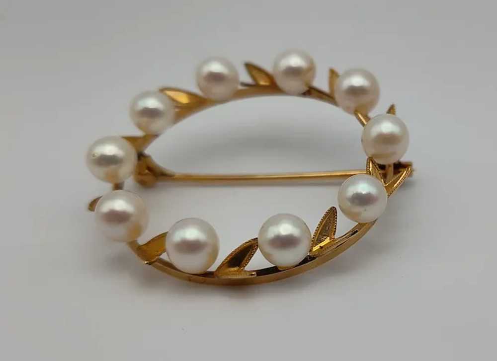 Cultured pearl circle round with leaves 14k solid… - image 4