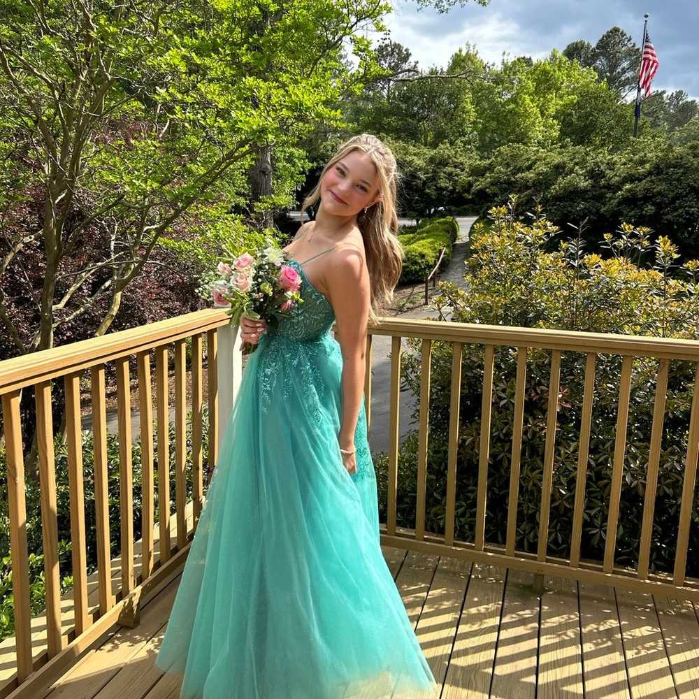 Sparkly gemtone teal prom dress flowy tulle corse… - image 1