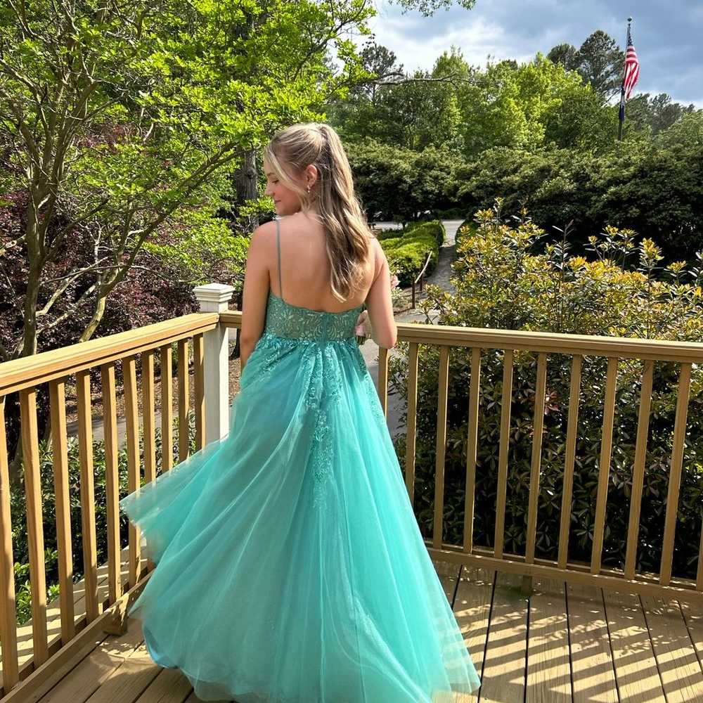 Sparkly gemtone teal prom dress flowy tulle corse… - image 2