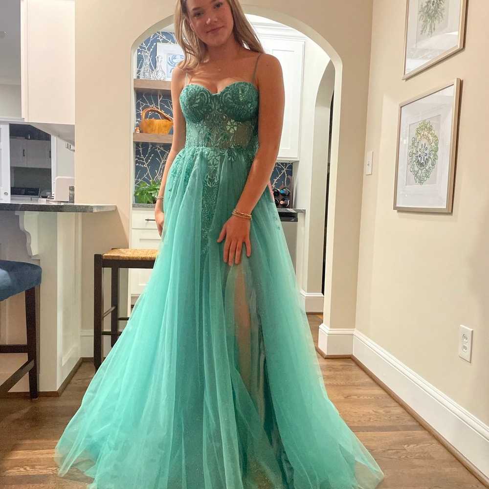 Sparkly gemtone teal prom dress flowy tulle corse… - image 3