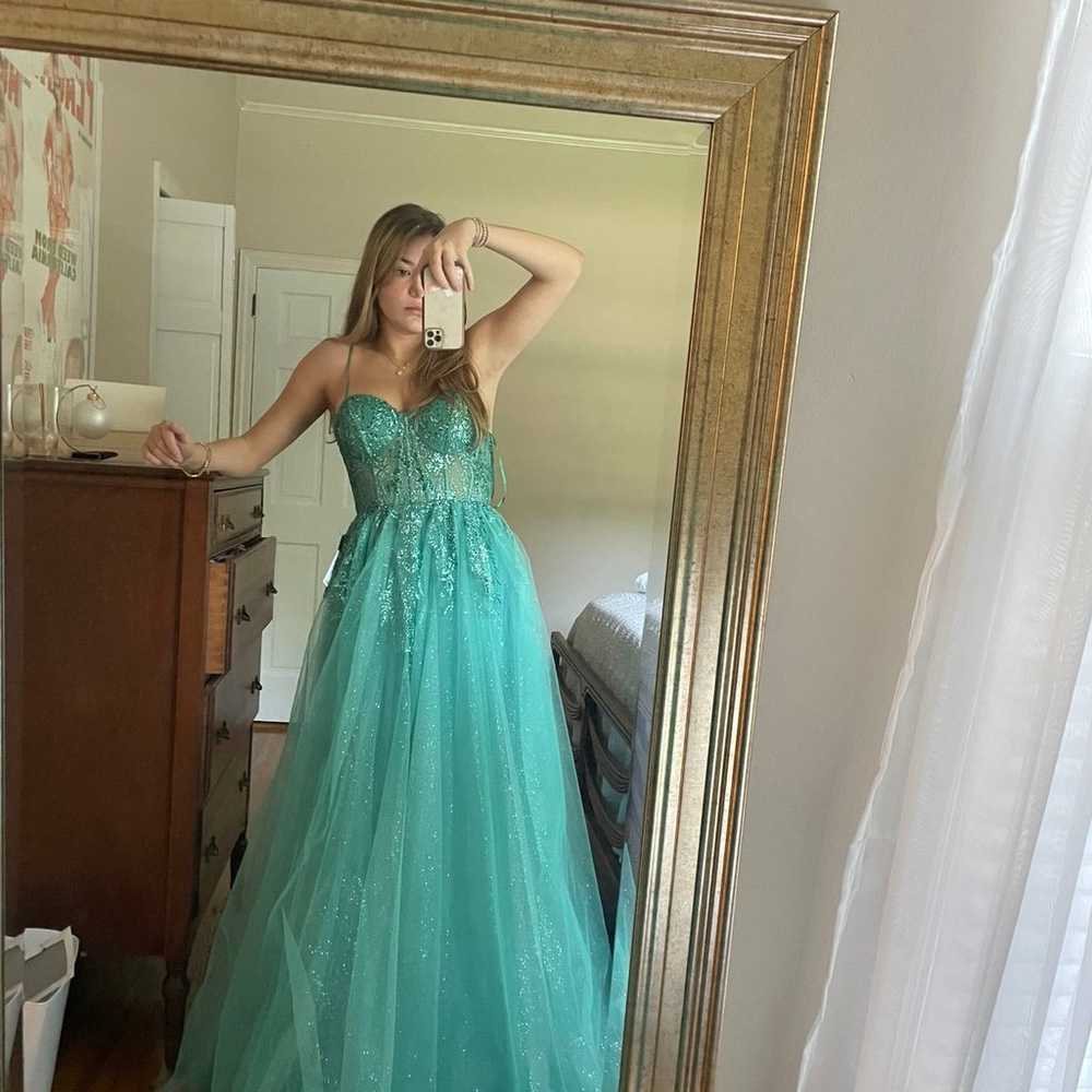 Sparkly gemtone teal prom dress flowy tulle corse… - image 4