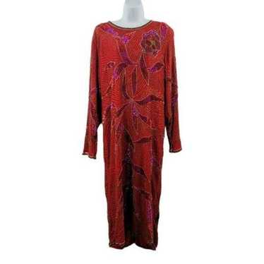 Vintage Red Silk Long Sleeved Dress Hand Embellis… - image 1