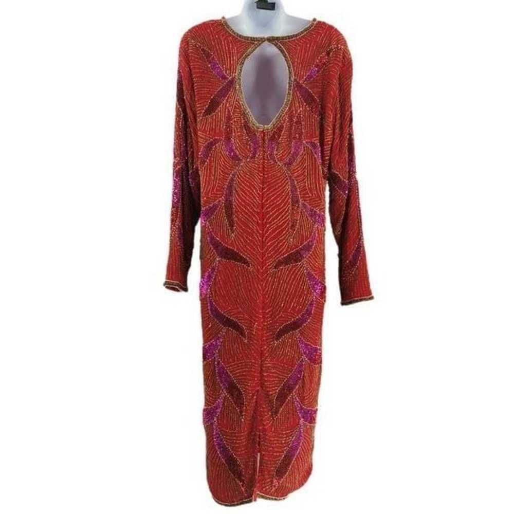 Vintage Red Silk Long Sleeved Dress Hand Embellis… - image 2