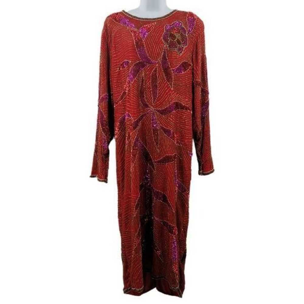 Vintage Red Silk Long Sleeved Dress Hand Embellis… - image 3