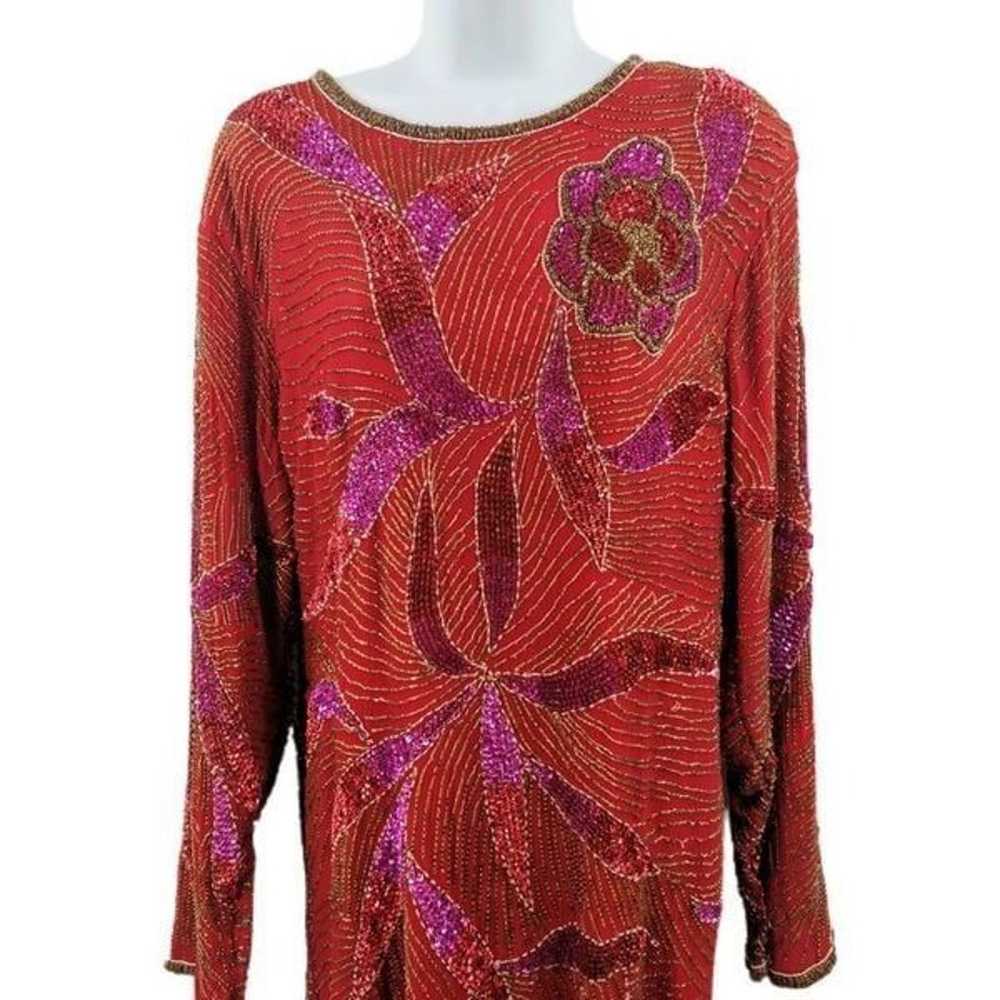 Vintage Red Silk Long Sleeved Dress Hand Embellis… - image 4