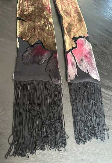 70's Vintage Velvet Black Floral Skinny Tassel Sca