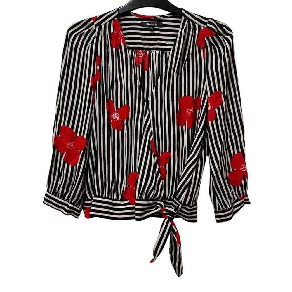 Madewell Black Stripe Red Flower Faux Wrap Blouse… - image 1
