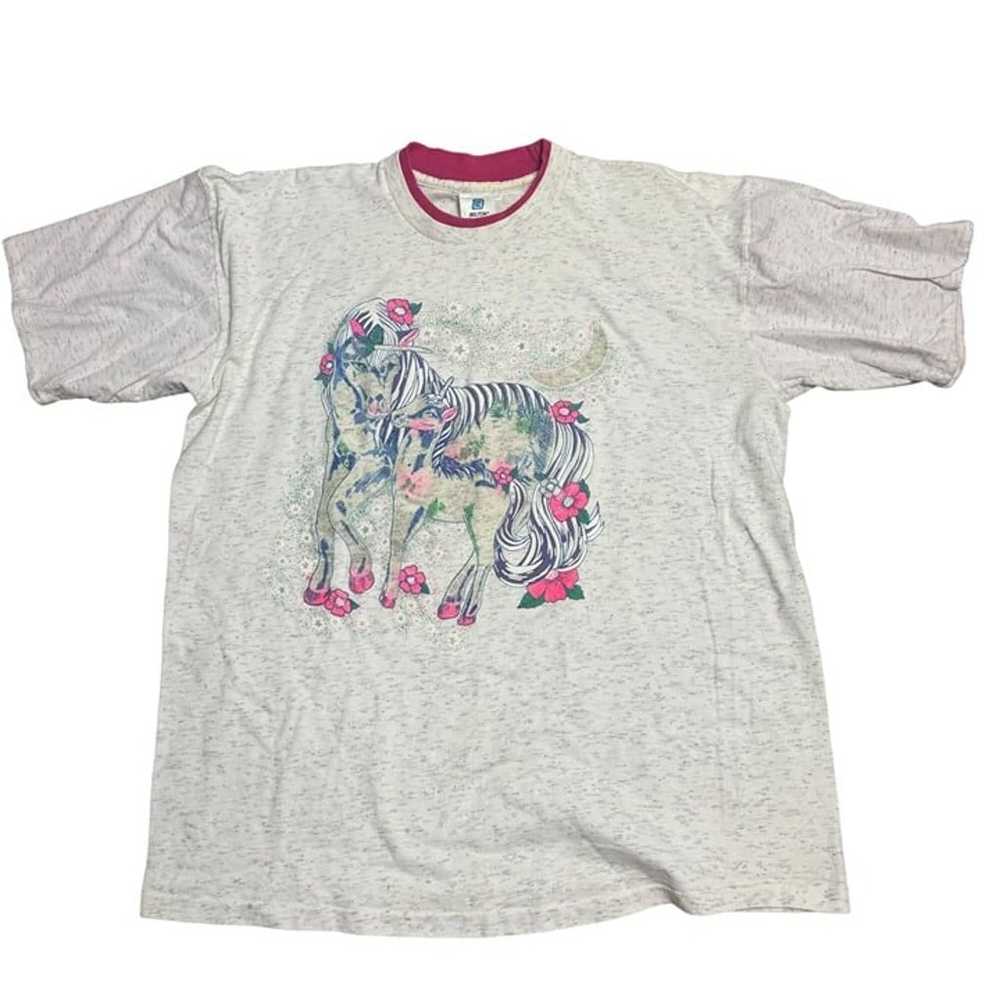 VTG Belton Size XL Gray Pink Unicorn Sparkly Prin… - image 1