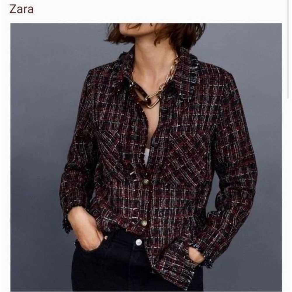 Zara plaid tweed shirt jacket red black L blogger… - image 3