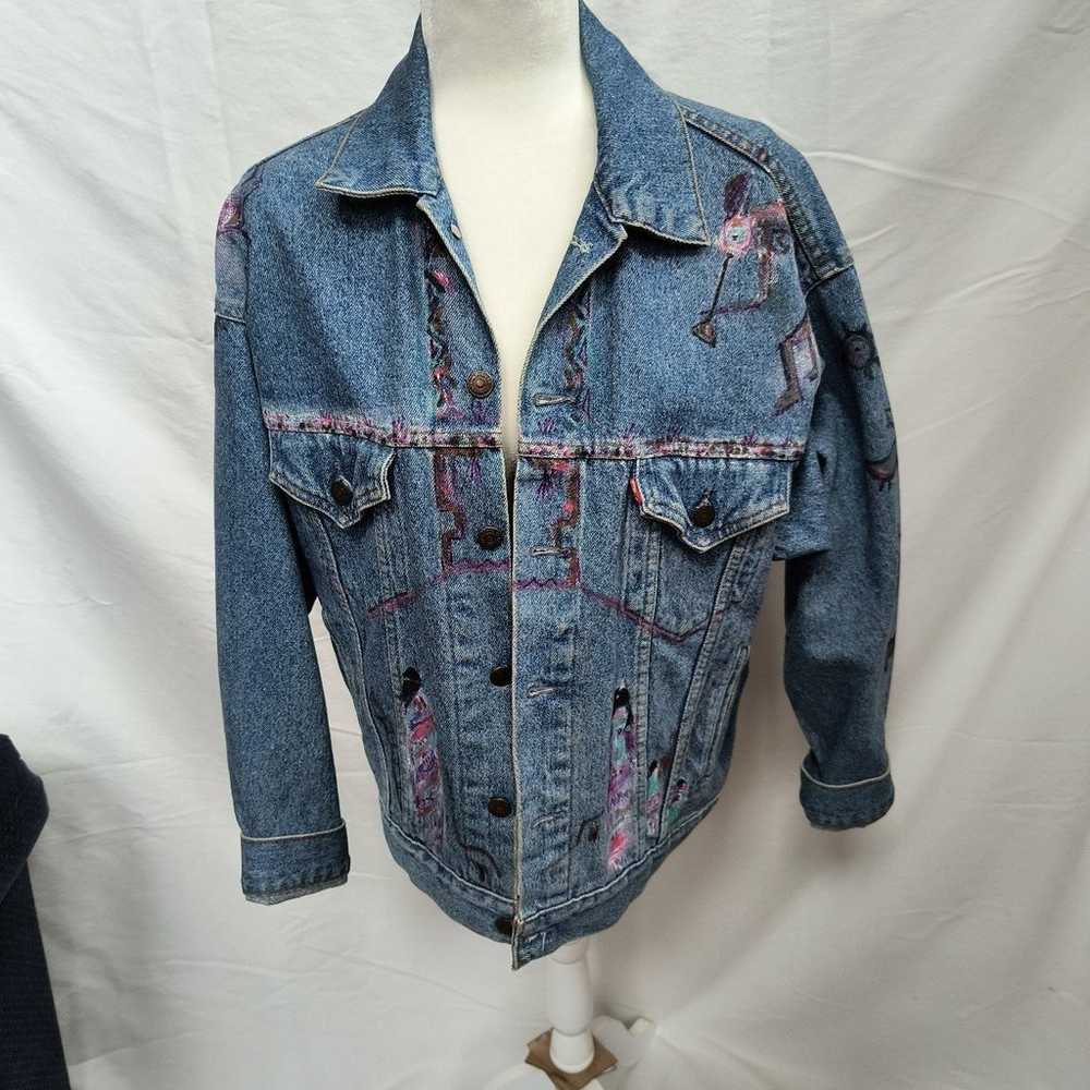 Vintage Levi's Denim Jean Jacket Hand Painted Sou… - image 5