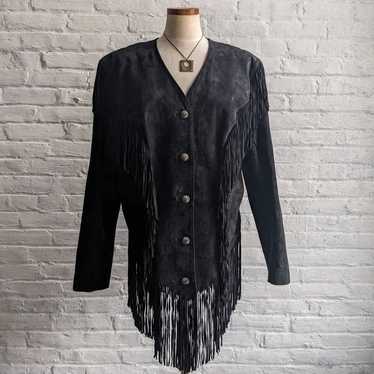 Vintage Black Suede Leather Fringe Cowboy Jacket W