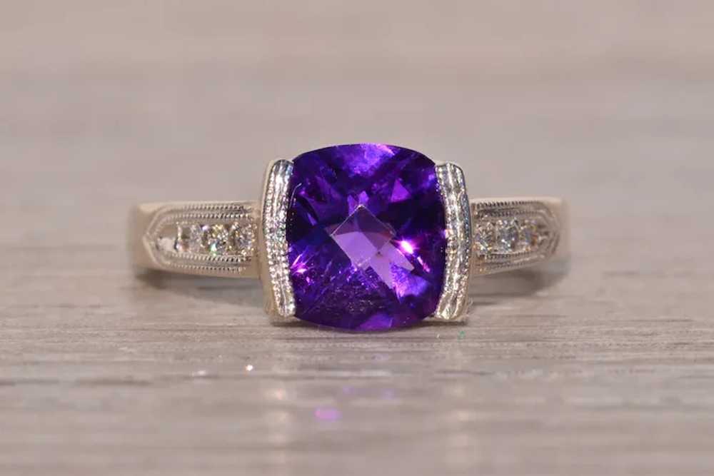 Amethyst Ring with Natural Diamonds in White Gold - image 6