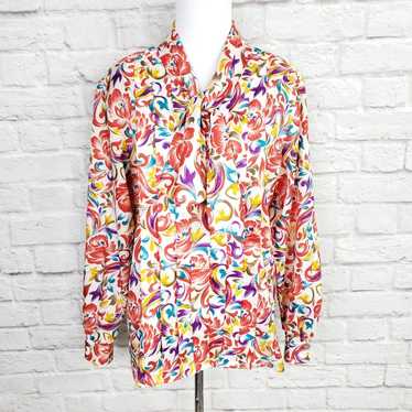 VTG 80s Bold Loud Floral P*ssy Bow Neck Button Do… - image 1