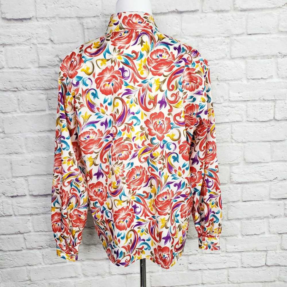 VTG 80s Bold Loud Floral P*ssy Bow Neck Button Do… - image 3