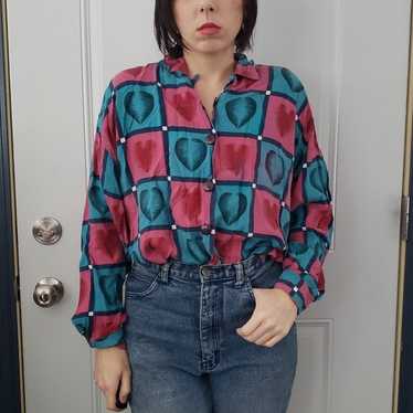 80s/90s Heart Print Oversize Rayon Button Down - image 1