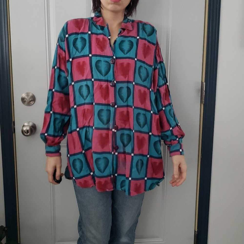 80s/90s Heart Print Oversize Rayon Button Down - image 3