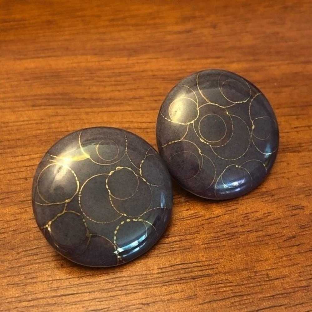 Vintage Button Earrings Oversized Purple and Gold… - image 2