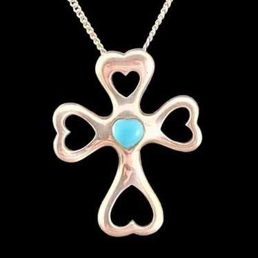 Vintage Sterling Turquoise Heart Artisan Cross Ne… - image 1