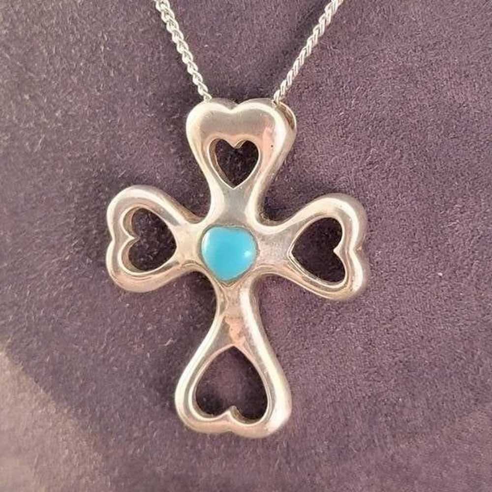 Vintage Sterling Turquoise Heart Artisan Cross Ne… - image 2