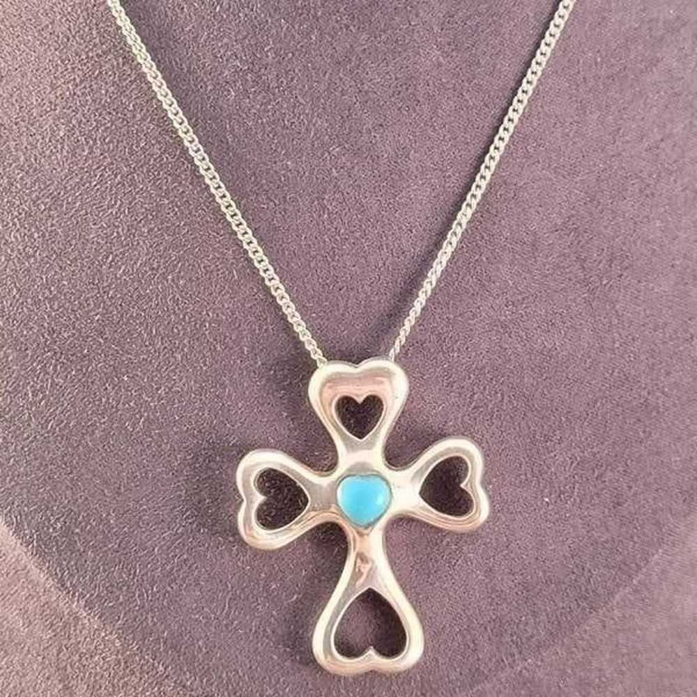 Vintage Sterling Turquoise Heart Artisan Cross Ne… - image 3