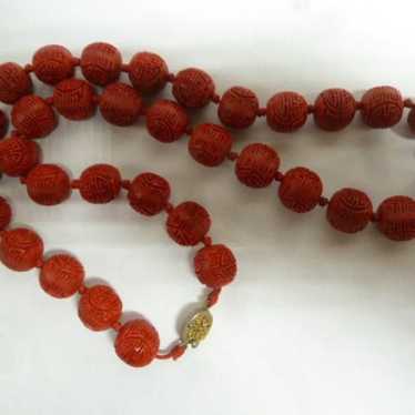Chinese Cinnabar Carved Beads Necklace Vintage - image 1