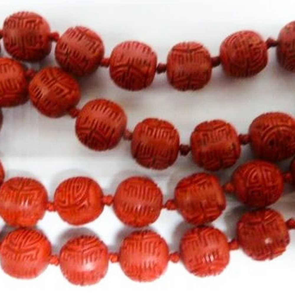 Chinese Cinnabar Carved Beads Necklace Vintage - image 2