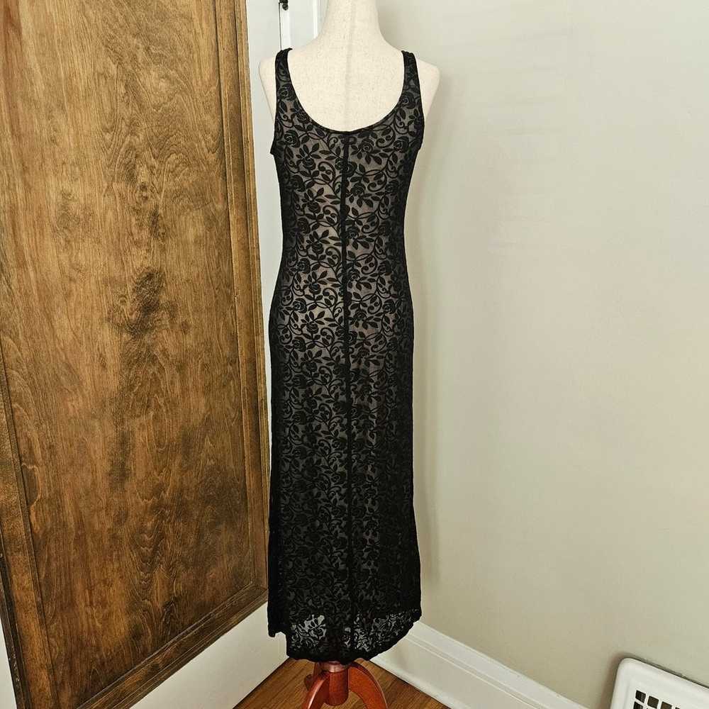 Black Floral Midi Dress Vintage 90s Burnout Lined… - image 4