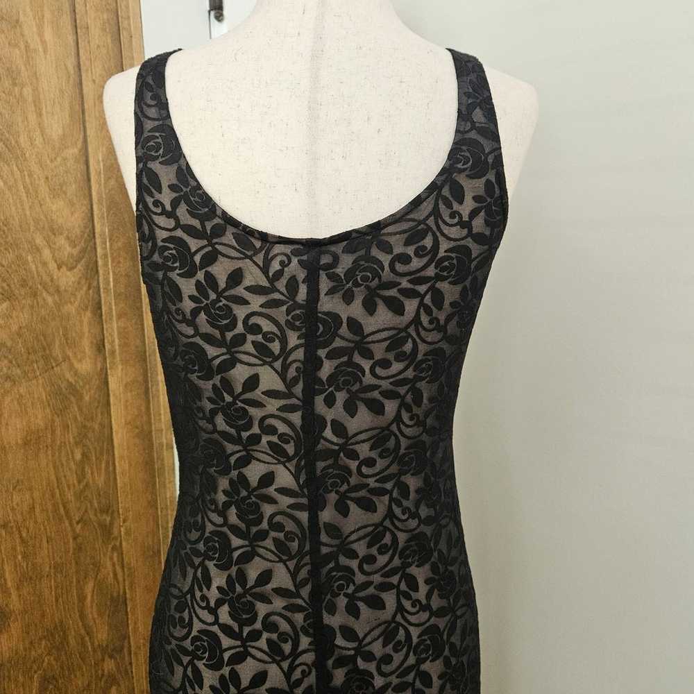 Black Floral Midi Dress Vintage 90s Burnout Lined… - image 5