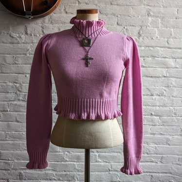 Y2K Pastel Pink Ruffled Knit Sweater Kawaii Croppe