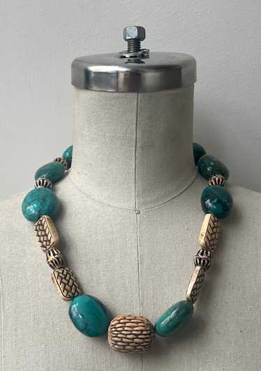 Natural Chinese Turquoise and Carved Bone with Ste