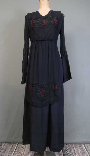 Antique Beaded Edwardian Dress, Dark Blue Silk & C