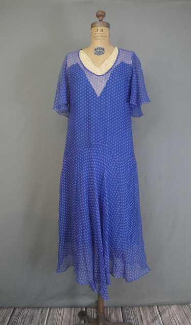 Vintage 1920s Blue Print Silk Dress, Lace Neckline