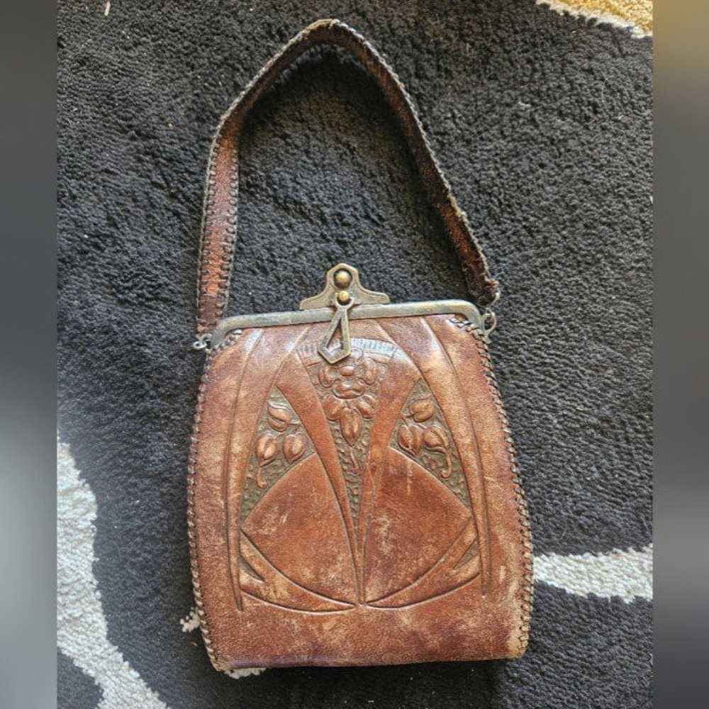 1920s Leather Hand Tooled Mini Bag Floral Antique… - image 1