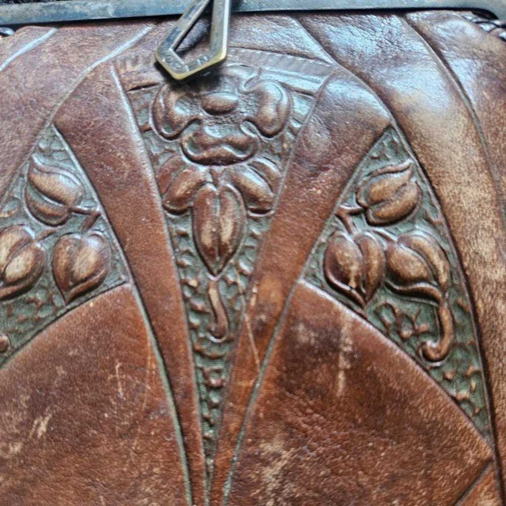1920s Leather Hand Tooled Mini Bag Floral Antique… - image 4