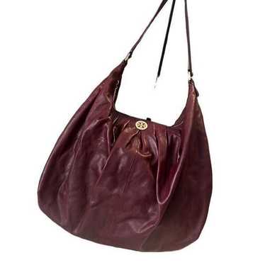 Tory Burch Burgandy Pleated Top Zip Hobo Shoulder… - image 1